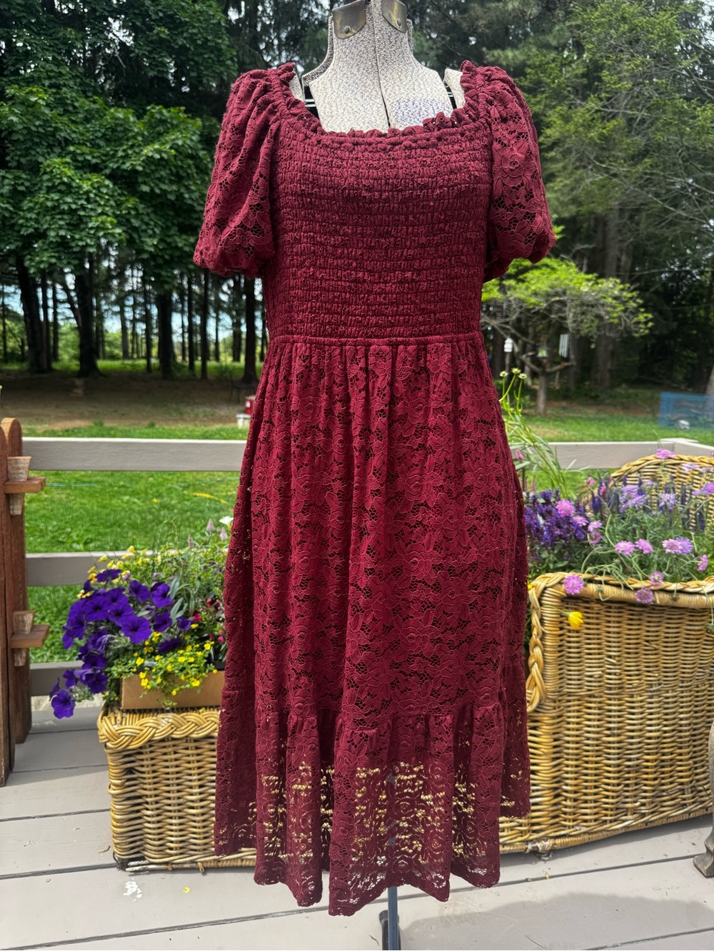 Lauren Conrad Smocked Lace Midi Dress with Puff Sleeves - Wine Merlot